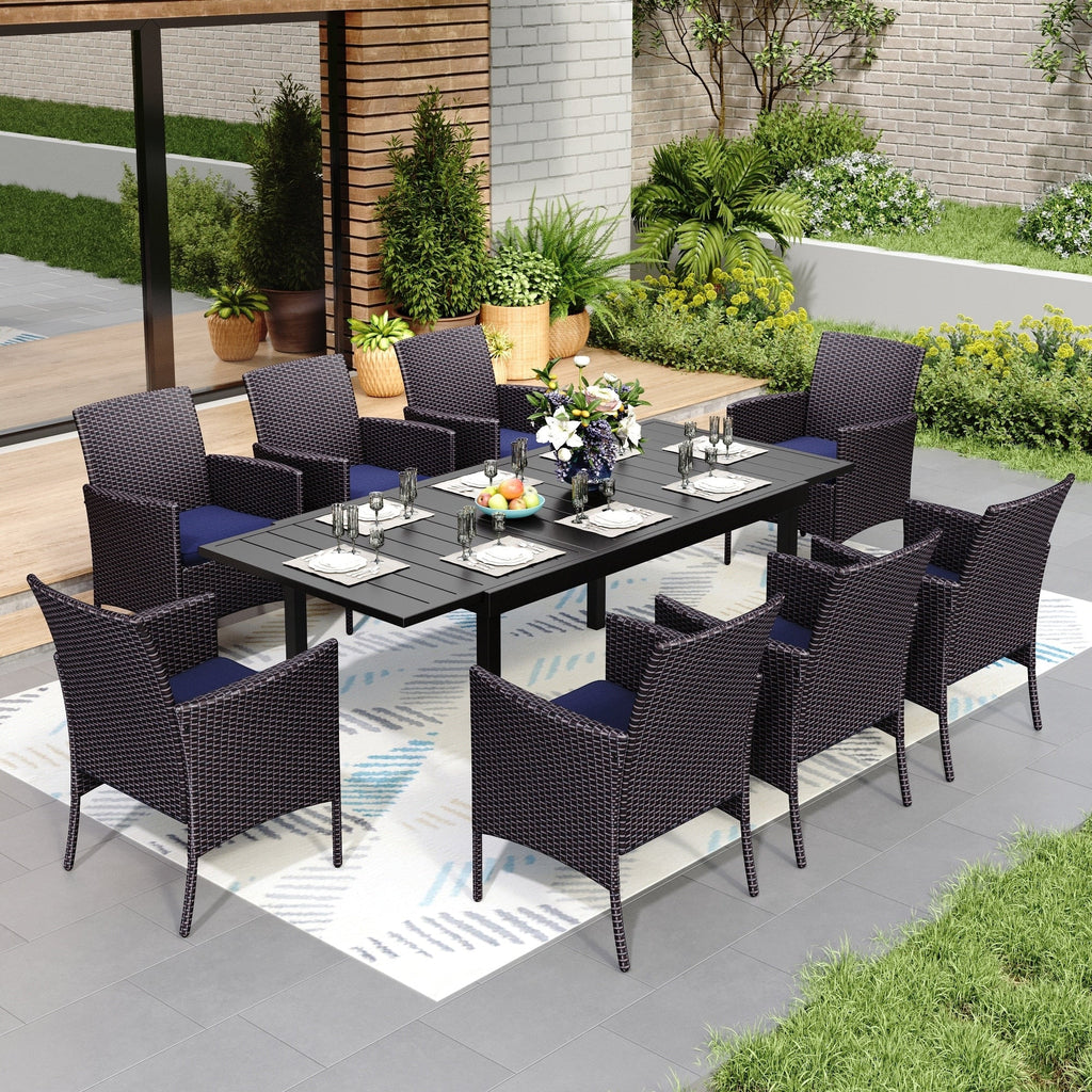Ensemble de salle à manger de patio 7/9, table à manger d'extérieur rectangulaire extensible avec chaises en rotin