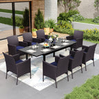 Ensemble de salle à manger de patio 7/9, table à manger d'extérieur rectangulaire extensible avec chaises en rotin