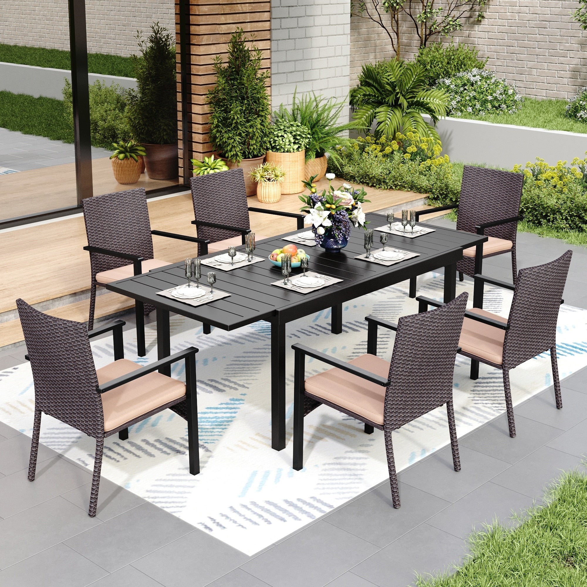 Ensemble de salle à manger de patio 7/9, table à manger d'extérieur rectangulaire extensible avec chaises en rotin