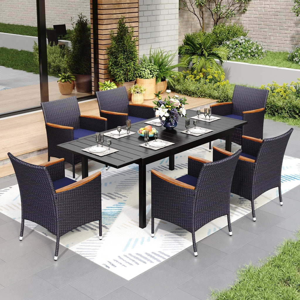 Ensemble de salle à manger de patio 7/9, table à manger d'extérieur rectangulaire extensible avec chaises en rotin