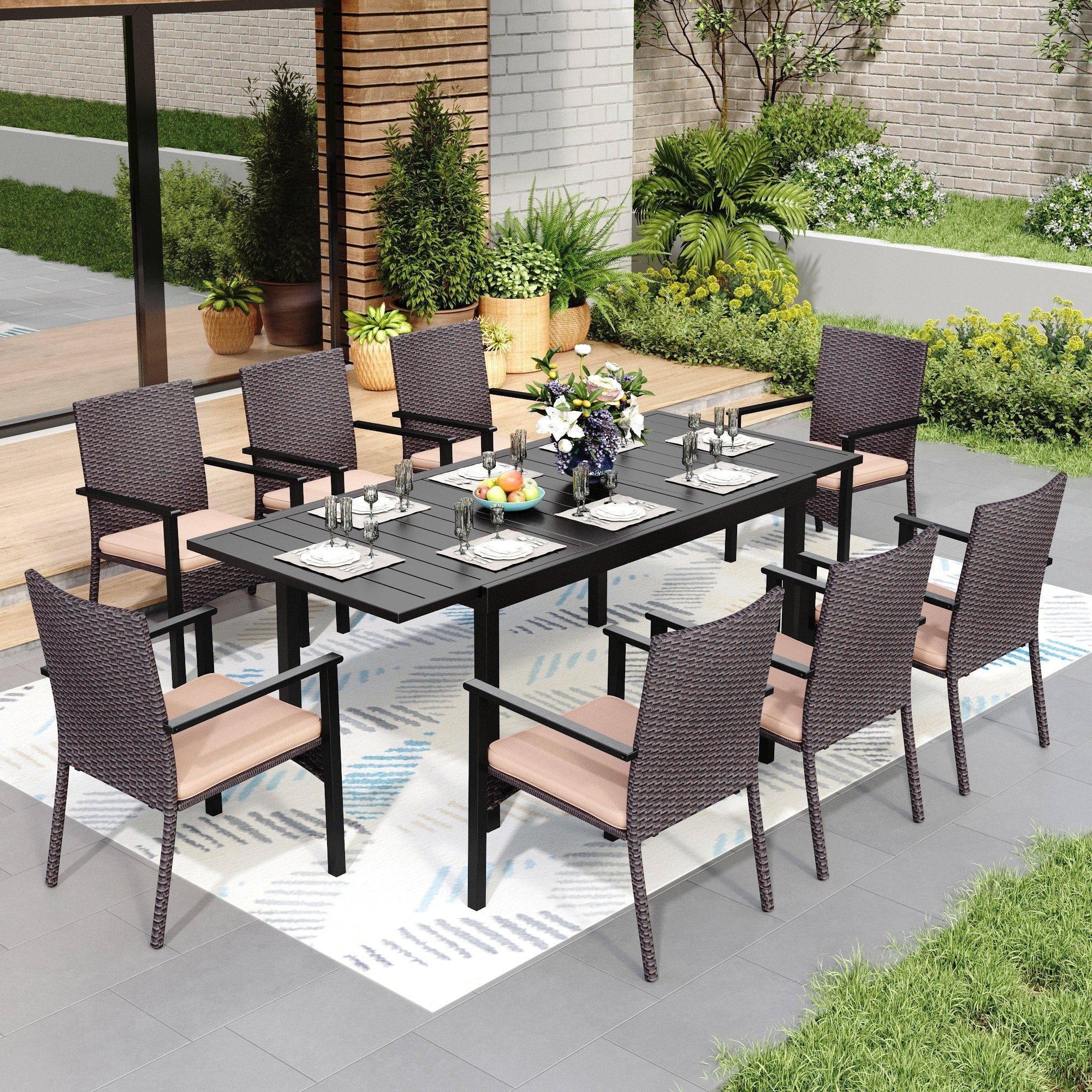 Ensemble de salle à manger de patio 7/9, table à manger d'extérieur rectangulaire extensible avec chaises en rotin