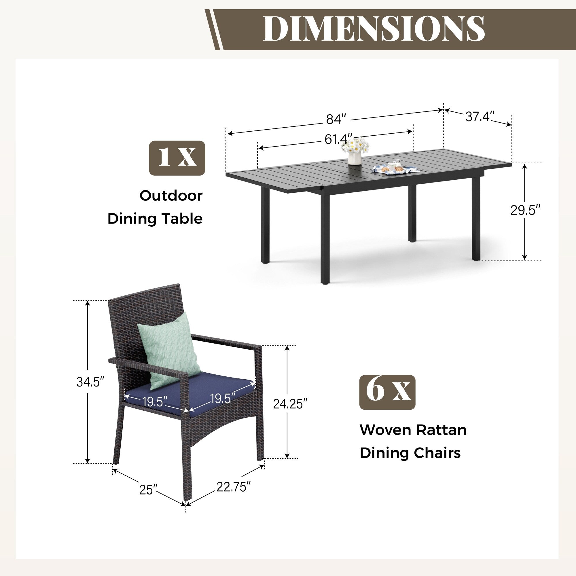 Ensemble de salle à manger de patio 7/9, table à manger d'extérieur rectangulaire extensible avec chaises en rotin