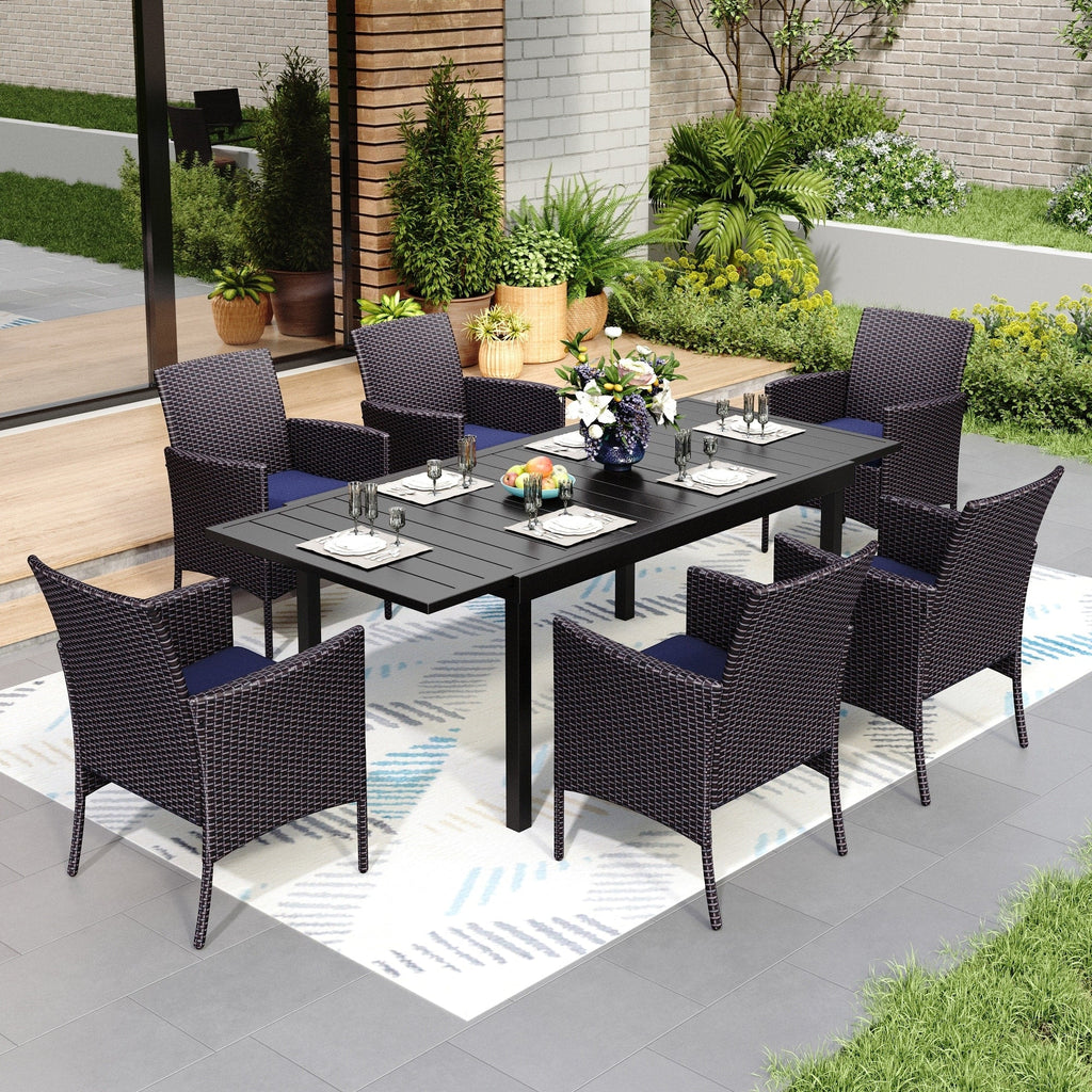 Ensemble de salle à manger de patio 7/9, table à manger d'extérieur rectangulaire extensible avec chaises en rotin