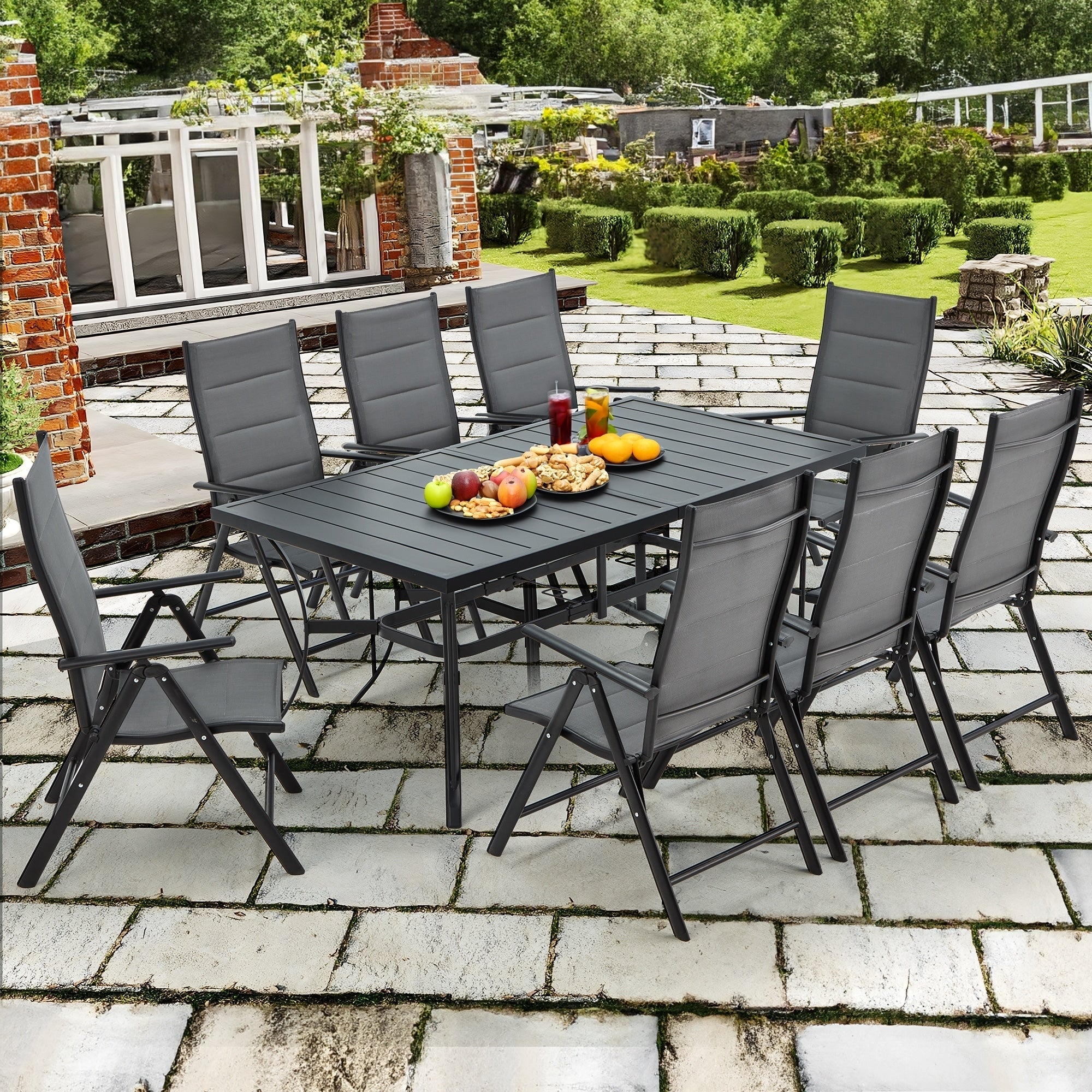 Ensemble de salle à manger de patio 7 pièces EROMMY avec chaises longues pliantes et table en aluminium, mobilier d'extérieur pour jardin, terrasse ou balcon.