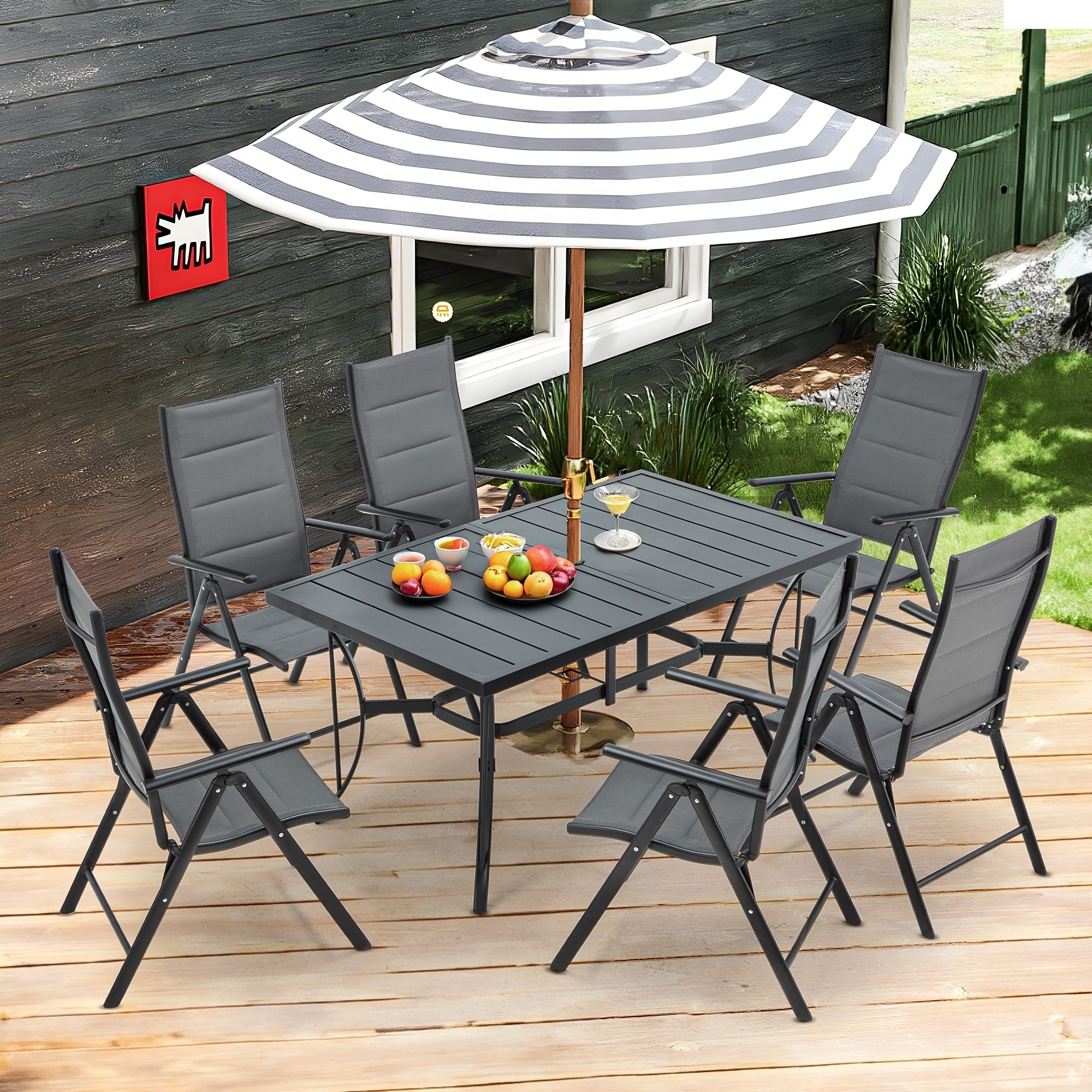 Ensemble de salle à manger de patio 7 pièces EROMMY avec chaises longues pliantes et table en aluminium, mobilier d'extérieur pour jardin, terrasse ou balcon.