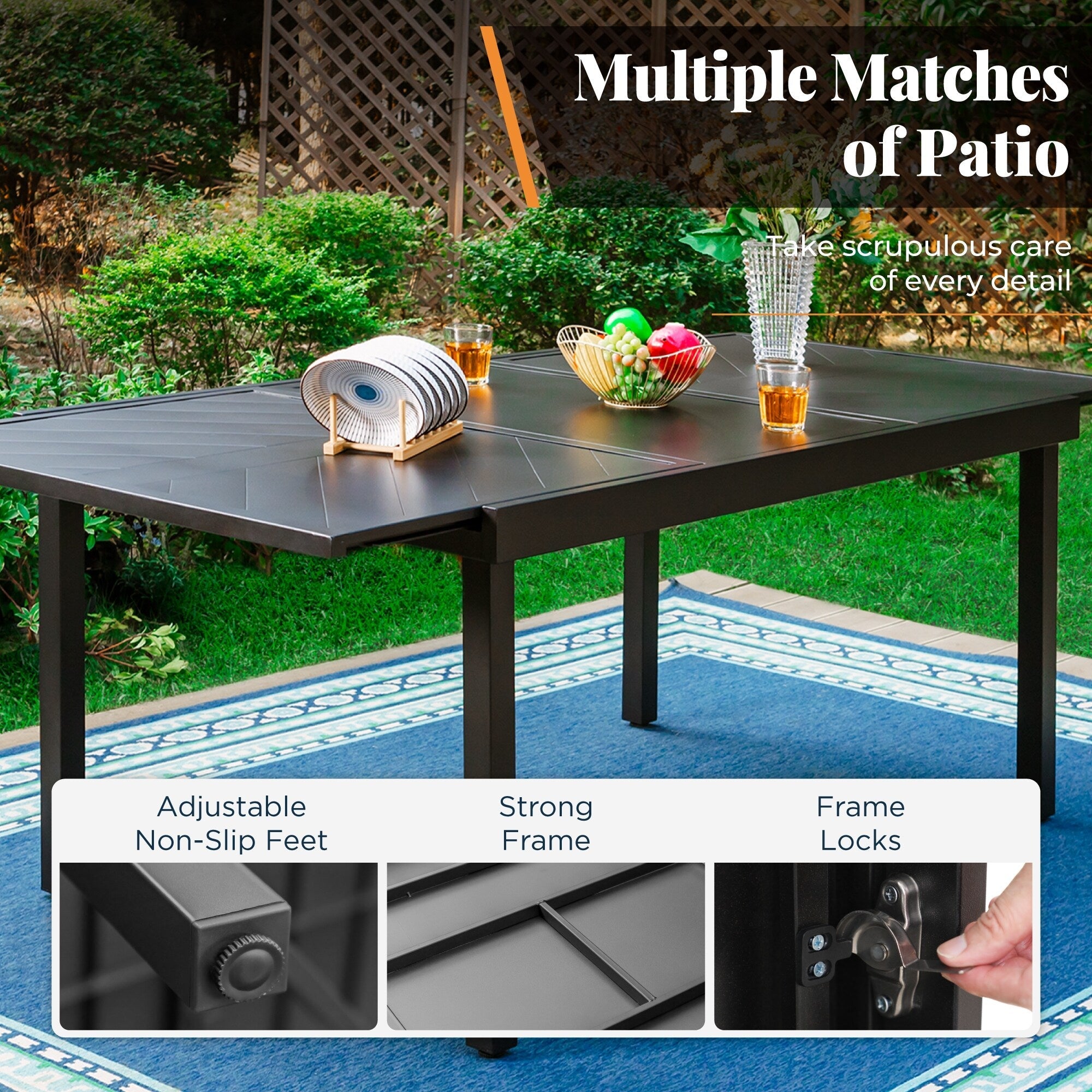 Ensemble de salle à manger de patio 7/9 pièces, table à manger d'extérieur rectangulaire extensible avec chaises à bascule à ressorts en C