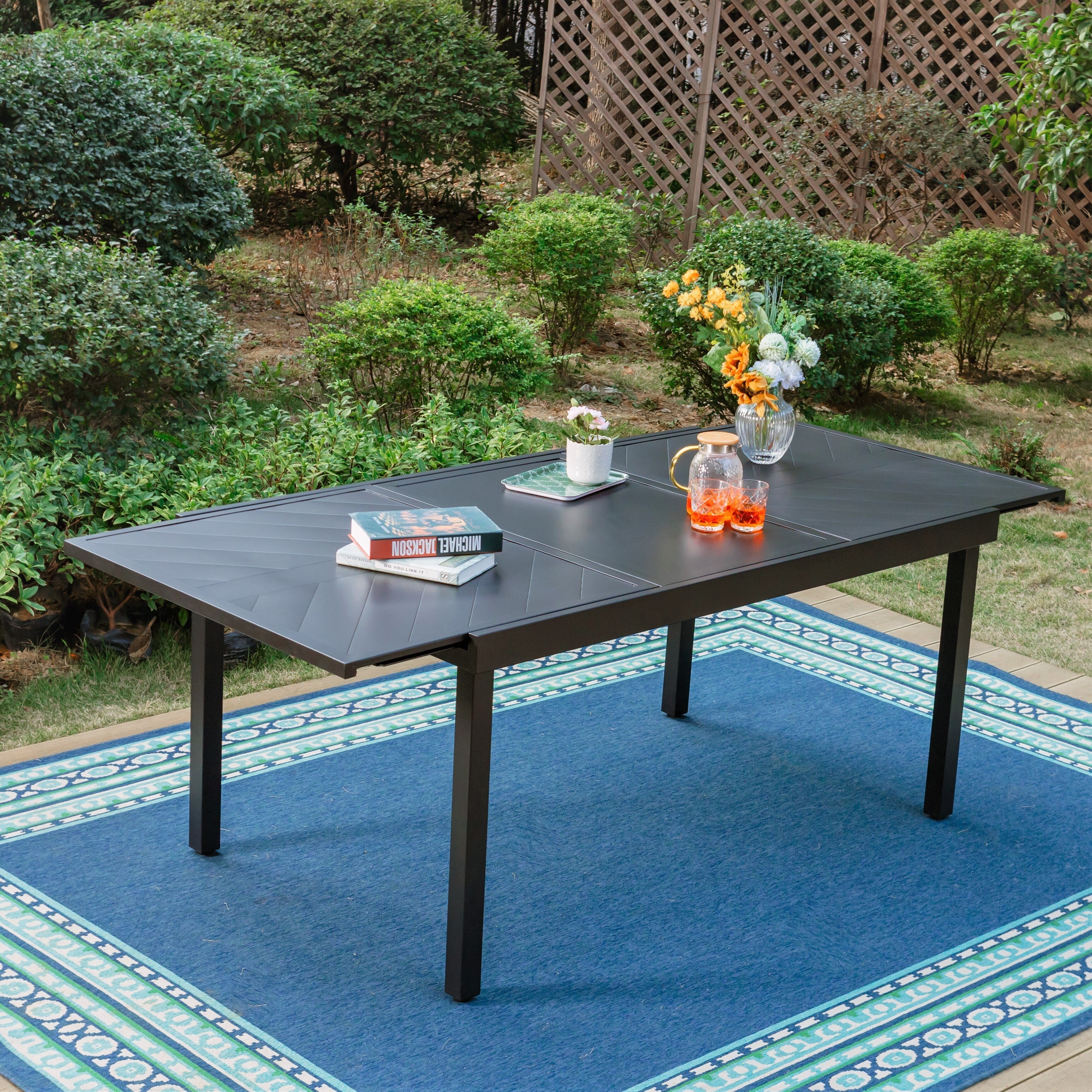 Ensemble de salle à manger de patio 7/9 pièces, table à manger d'extérieur rectangulaire extensible avec chaises à bascule à ressorts en C