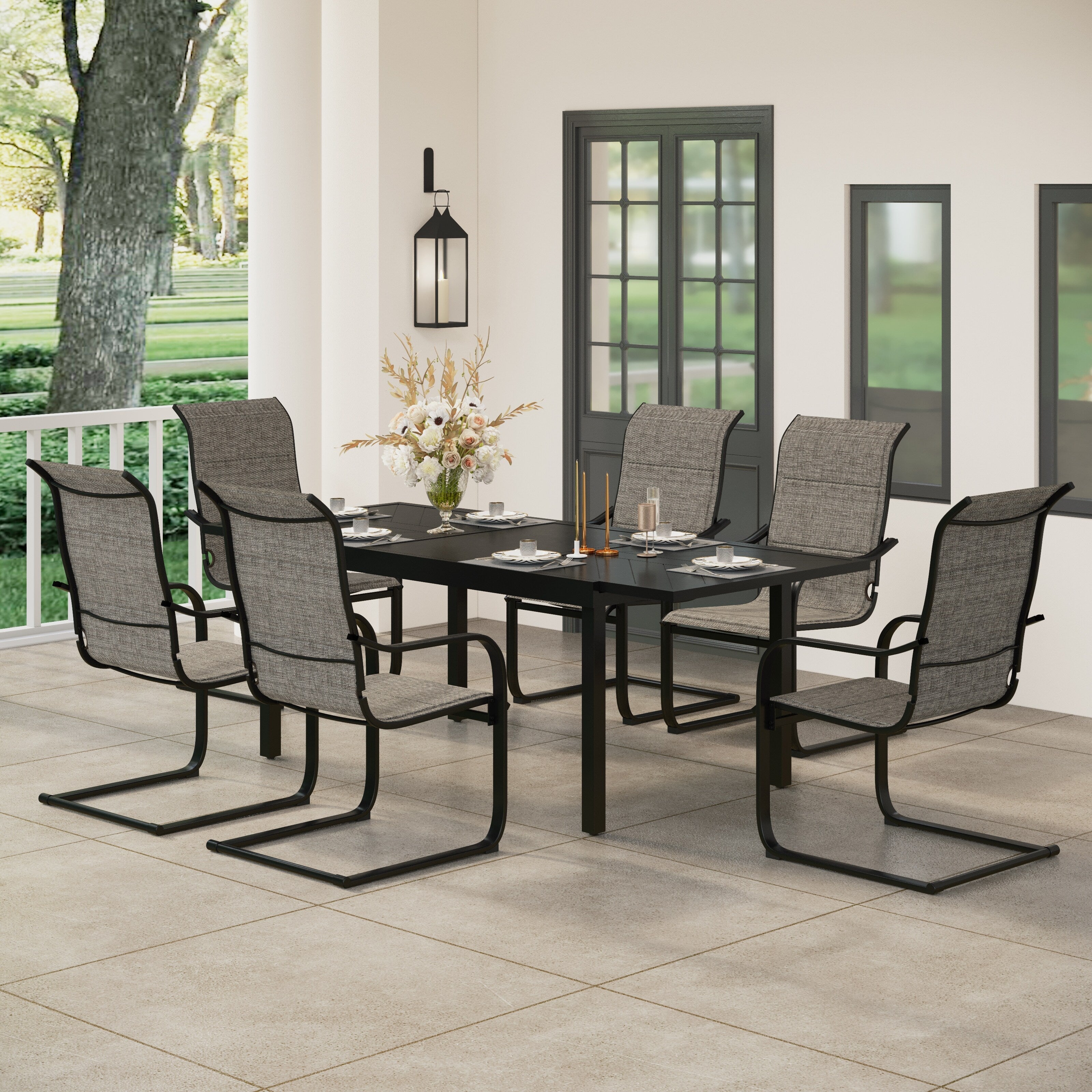 Ensemble de salle à manger de patio 7/9 pièces, table à manger d'extérieur rectangulaire extensible avec chaises à bascule à ressorts en C