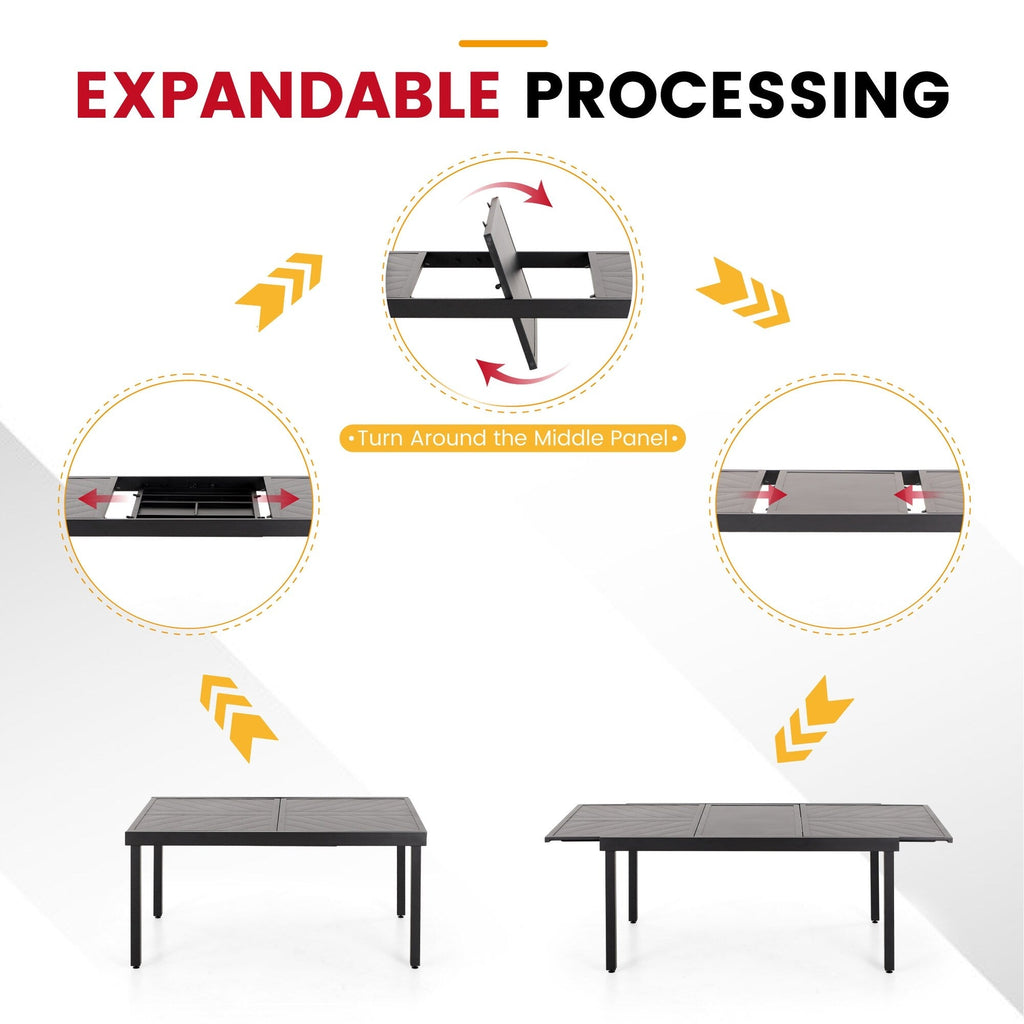 Ensemble de salle à manger de patio 7/9 pièces, table à manger d'extérieur rectangulaire extensible avec chaises à bascule à ressorts en C