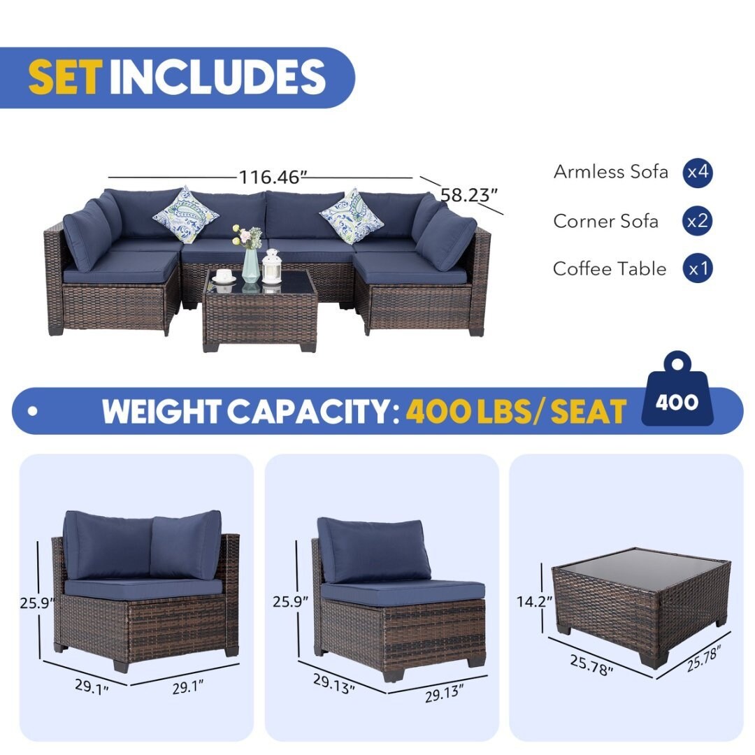 Ensemble de conversation de patio en osier 7 pièces avec table basse et coussins