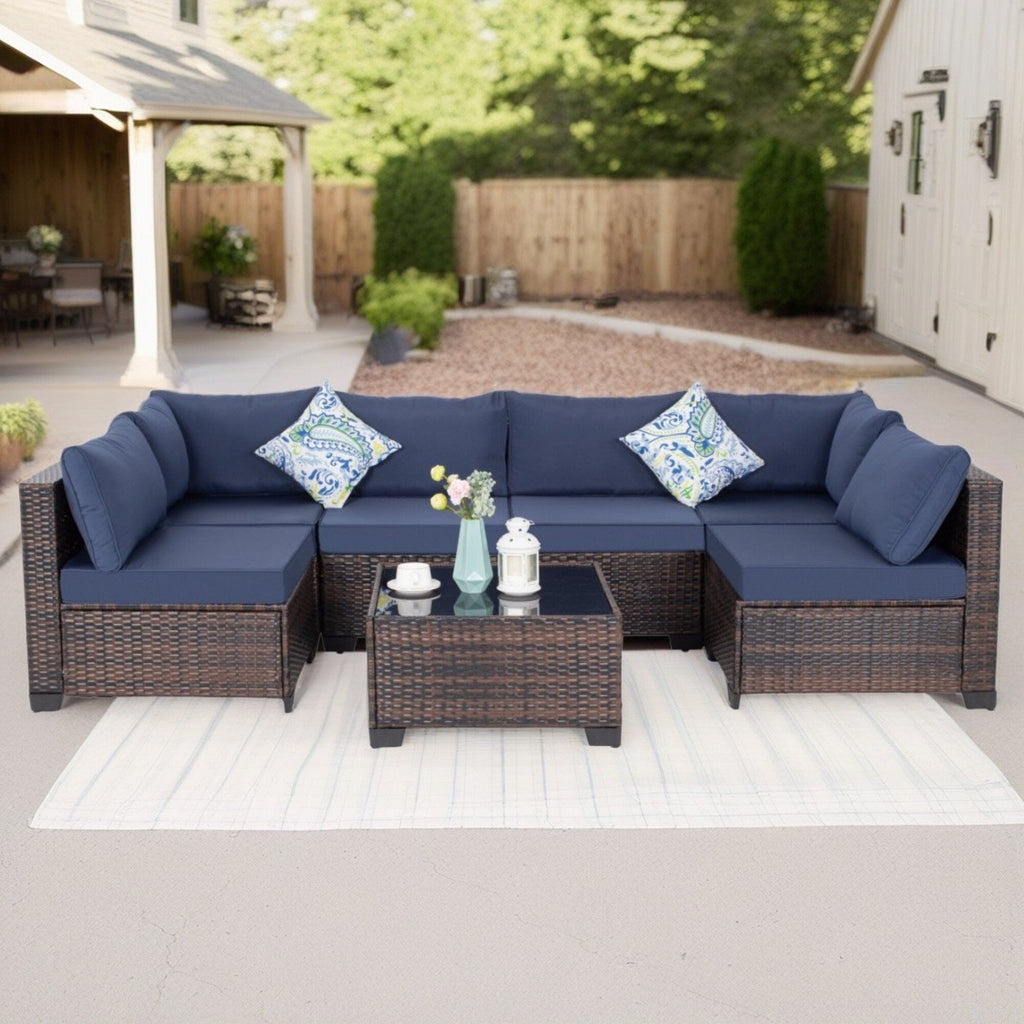 Ensemble de conversation de patio en osier 7 pièces avec table basse et coussins