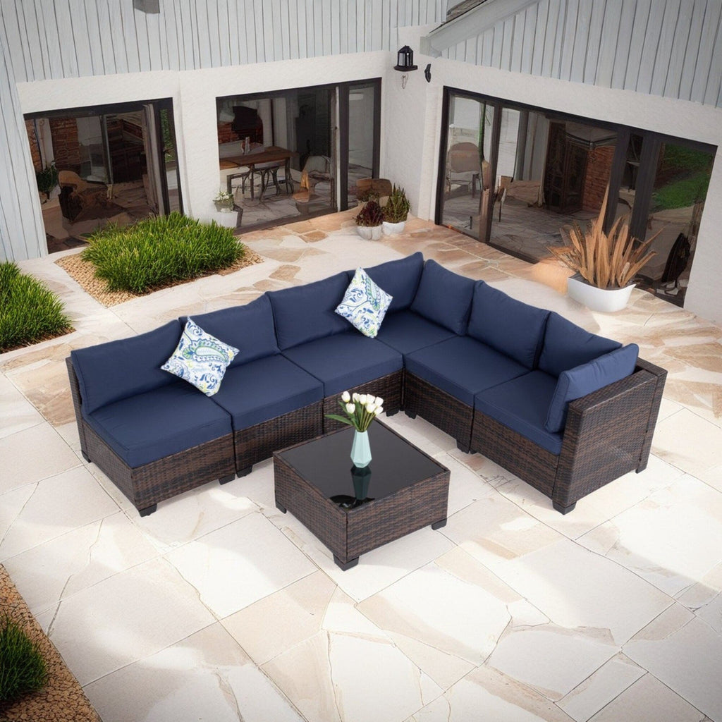 Ensemble de conversation de patio en osier 7 pièces avec table basse et coussins