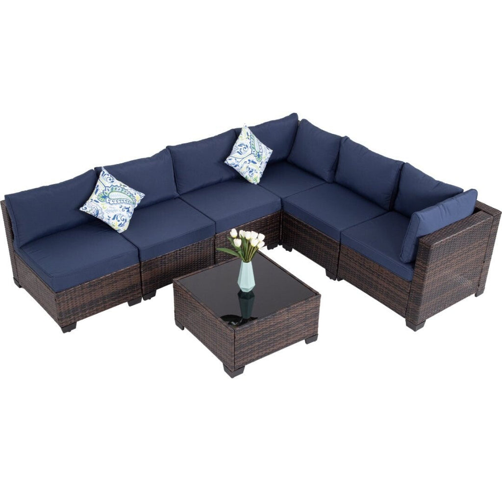 Ensemble de conversation de patio en osier 7 pièces avec table basse et coussins