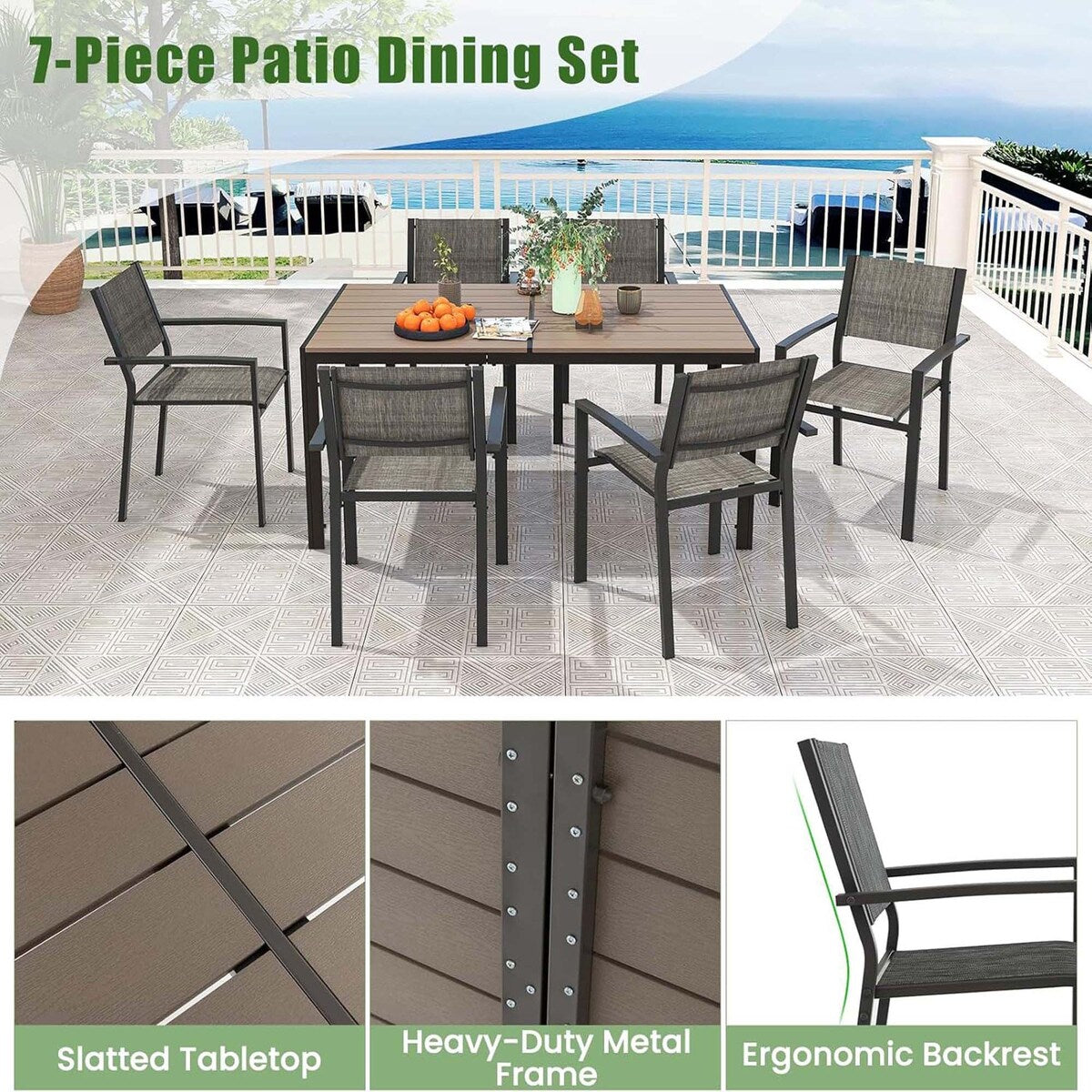 Ensemble de salle à manger d'extérieur 7 pièces avec table rectangulaire et 6 chaises empilables