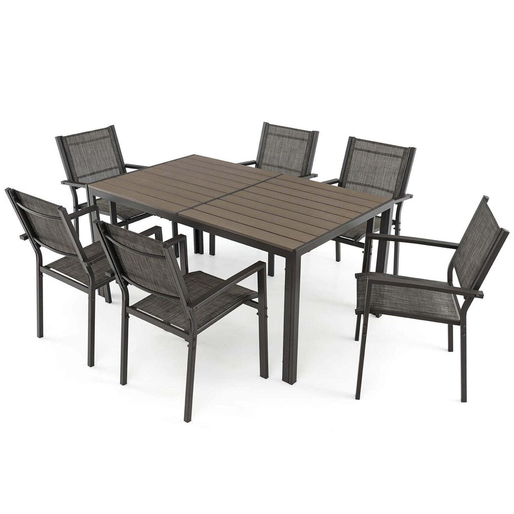 Ensemble de salle à manger d'extérieur 7 pièces avec table rectangulaire et 6 chaises empilables