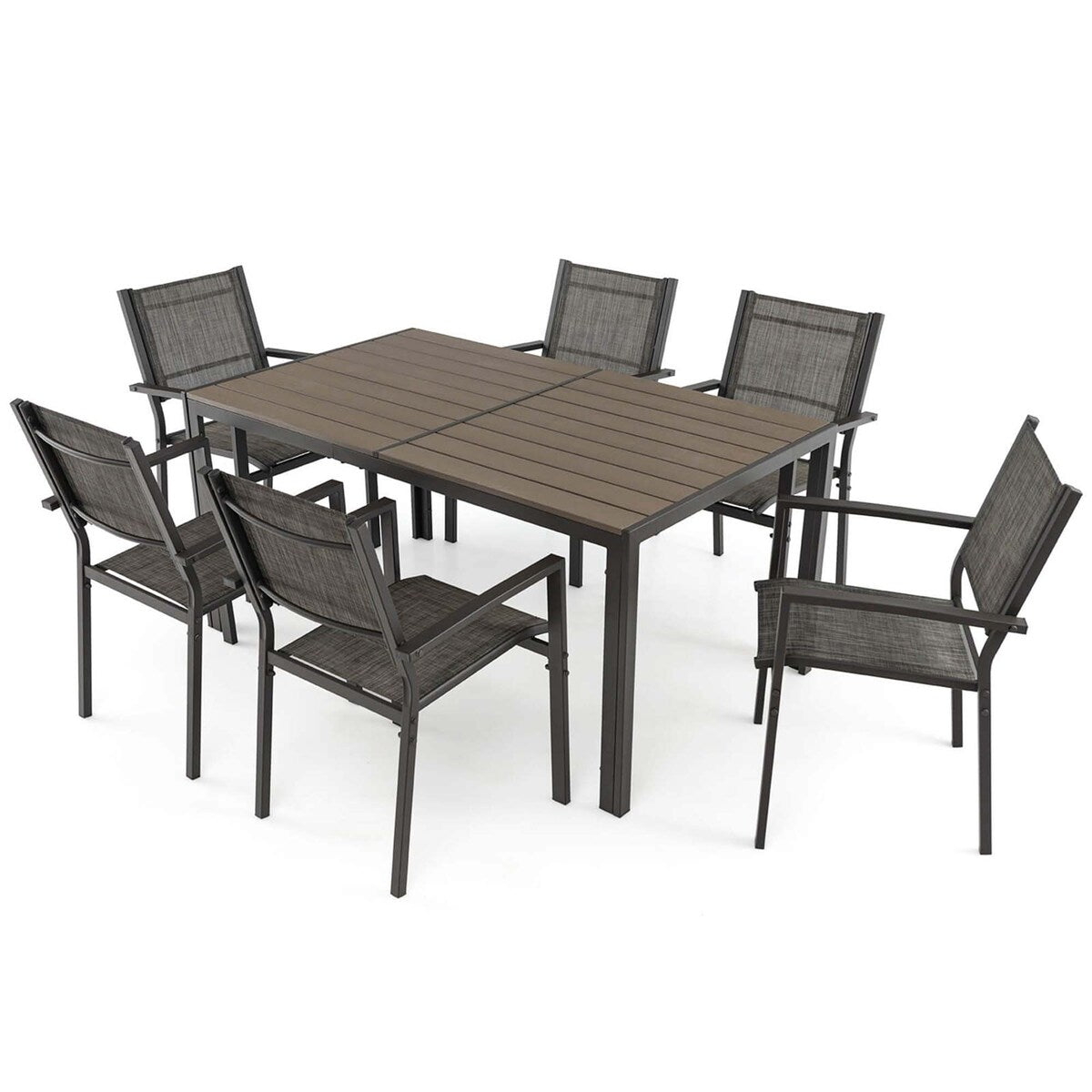 Ensemble de salle à manger d'extérieur 7 pièces avec table rectangulaire et 6 chaises empilables