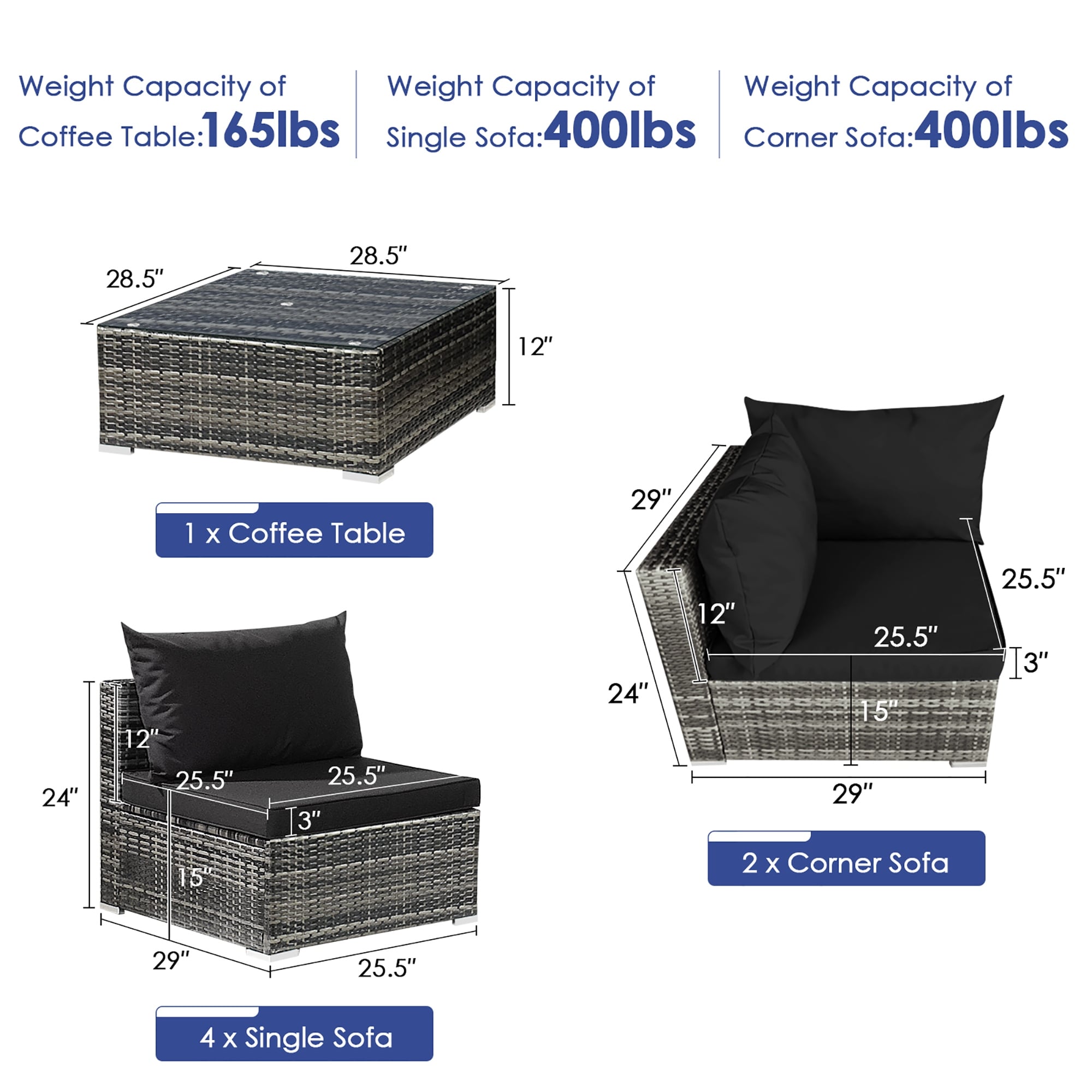 Ensemble de meubles de patio 7 pièces, canapé sectionnel en rotin avec table basse