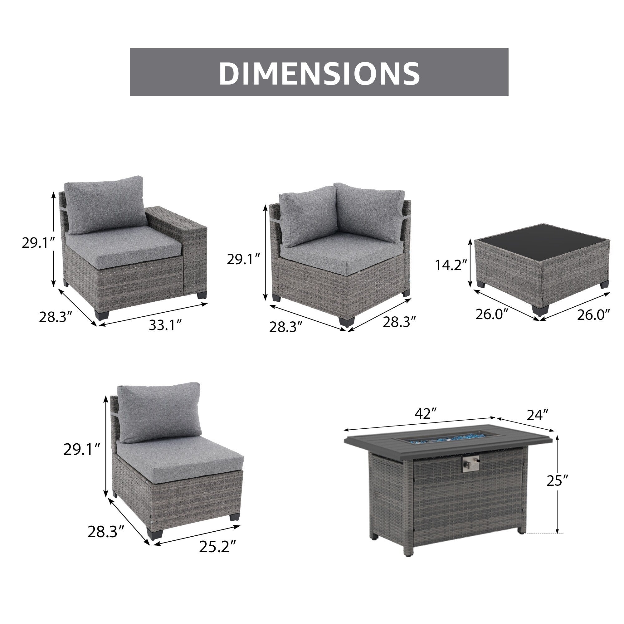 Ensemble de salon de jardin en osier 7 pièces pour 5 personnes avec coussins imperméables et table pour foyer