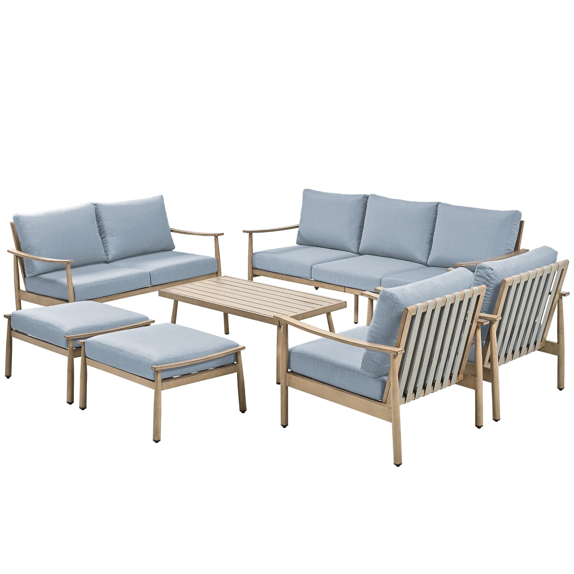 Ensemble de conversation de patio en aluminium 7 pièces, canapé d'extérieur 3 places et causeuse avec poufs et table basse