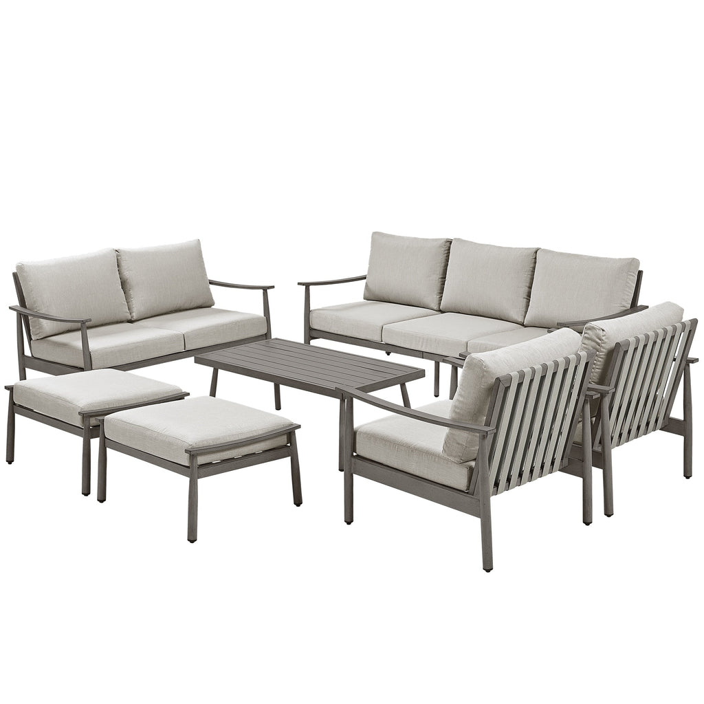 Ensemble de conversation de patio en aluminium 7 pièces, canapé d'extérieur 3 places et causeuse avec poufs et table basse