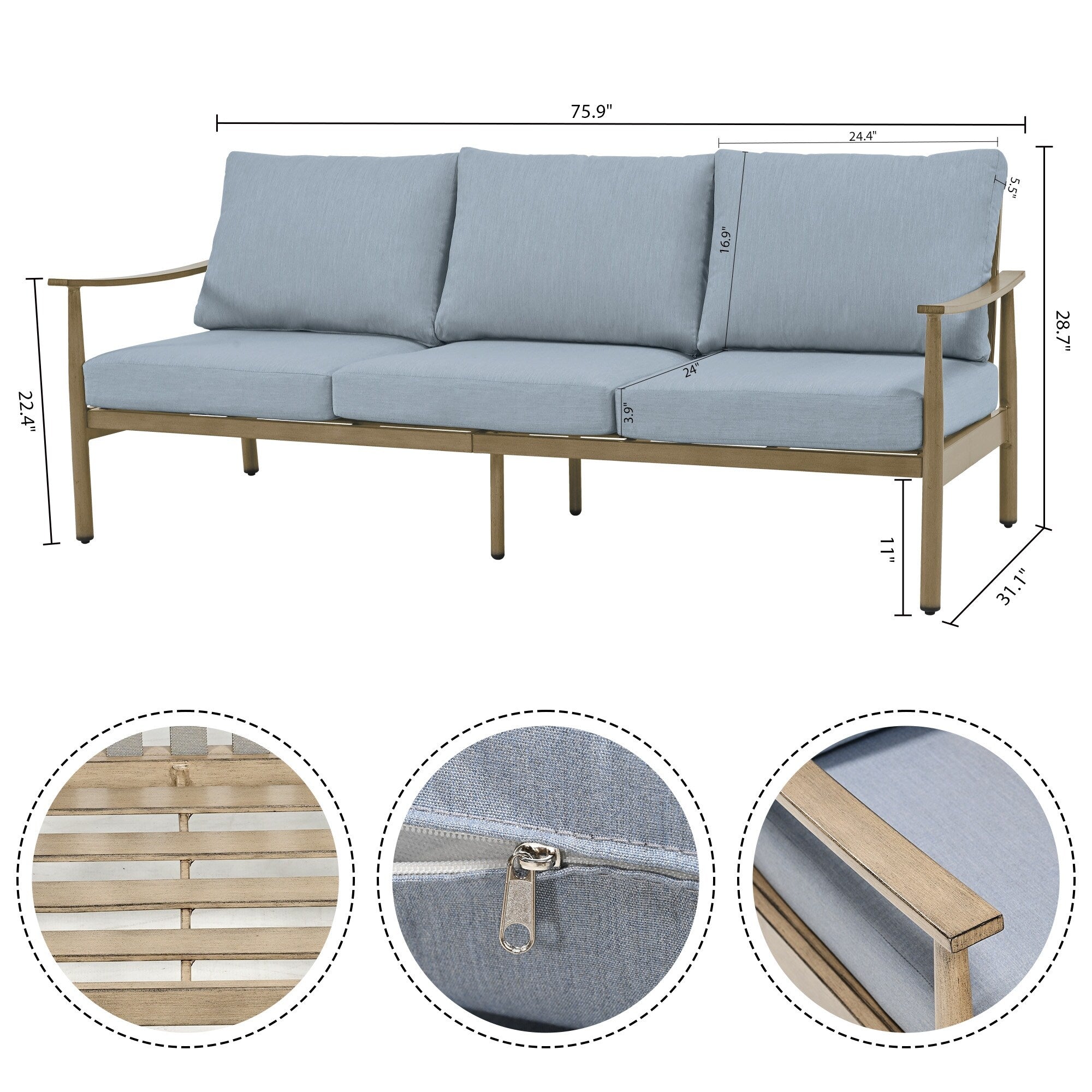 Ensemble de conversation de patio en aluminium 7 pièces, canapé d'extérieur 3 places et causeuse avec poufs et table basse