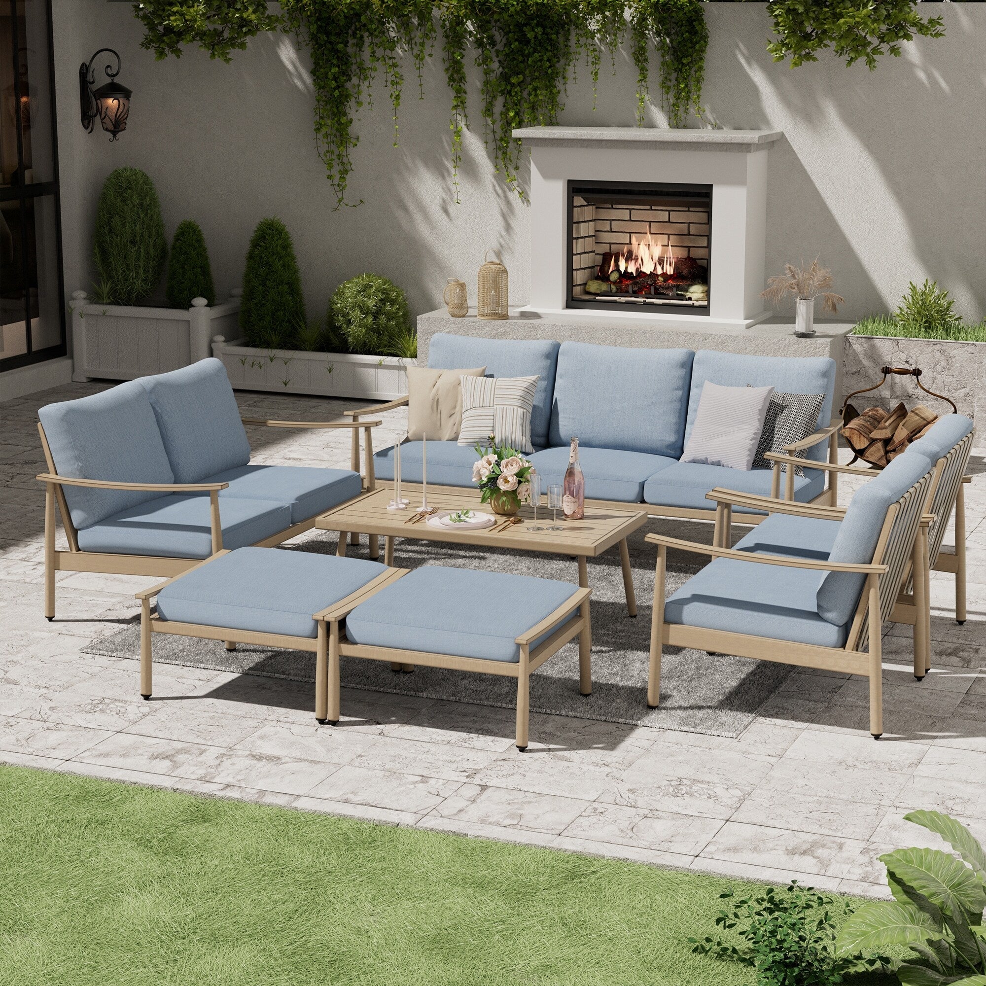 Ensemble de conversation de patio en aluminium 7 pièces, canapé d'extérieur 3 places et causeuse avec poufs et table basse