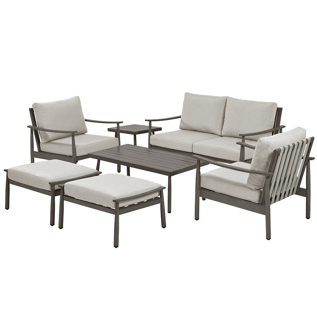 Ensemble de conversation de patio en aluminium 7 pièces, causeuse avec poufs et table basse