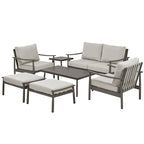 Ensemble de conversation de patio en aluminium 7 pièces, causeuse avec poufs et table basse