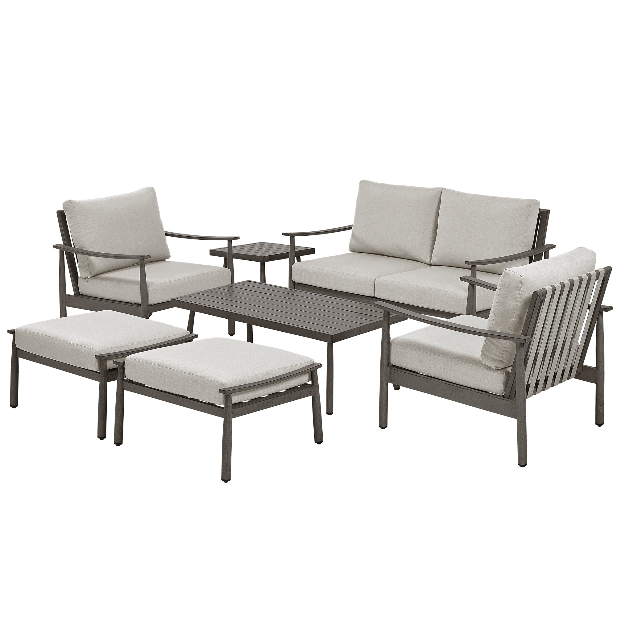 Ensemble de conversation de patio en aluminium 7 pièces, causeuse avec poufs et table basse