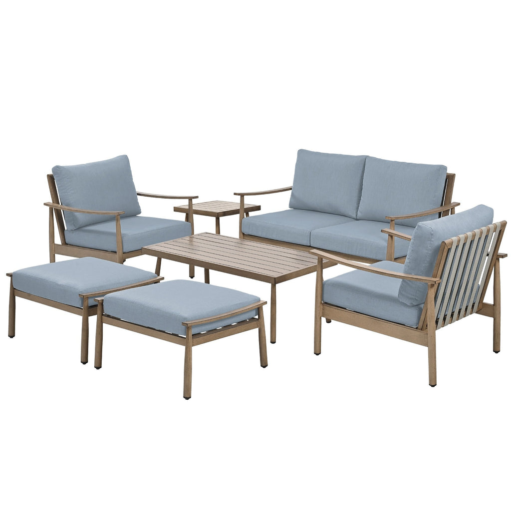 Ensemble de conversation de patio en aluminium 7 pièces, causeuse avec poufs et table basse