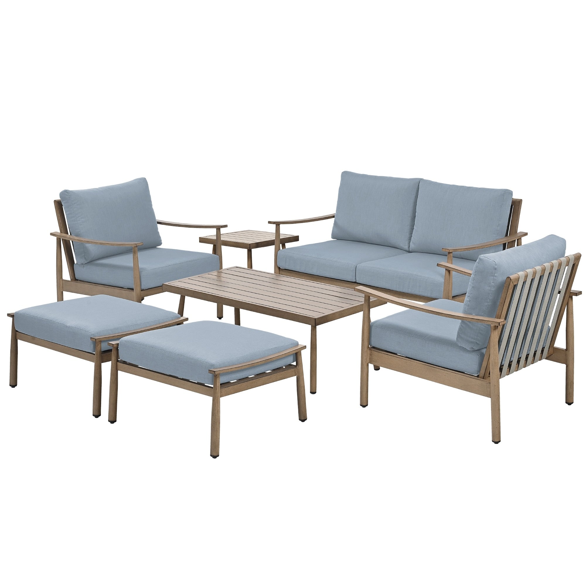 Ensemble de conversation de patio en aluminium 7 pièces, causeuse avec poufs et table basse