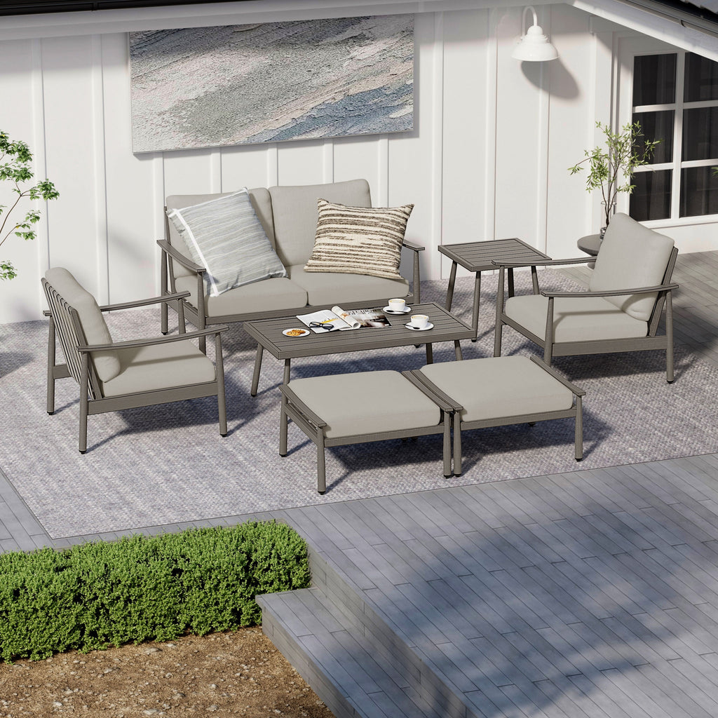 Ensemble de conversation de patio en aluminium 7 pièces, causeuse avec poufs et table basse