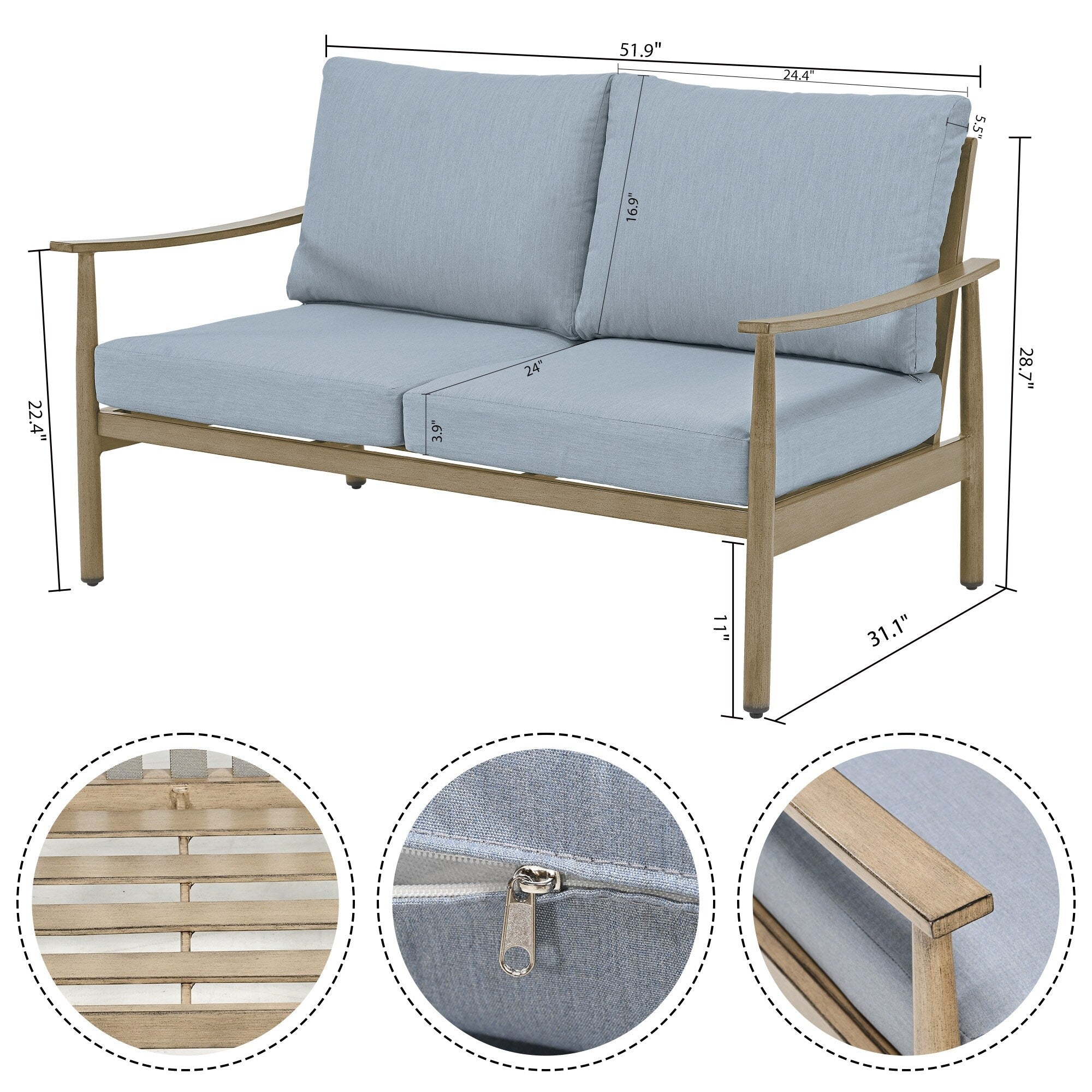 Ensemble de conversation de patio en aluminium 7 pièces, causeuse avec poufs et table basse