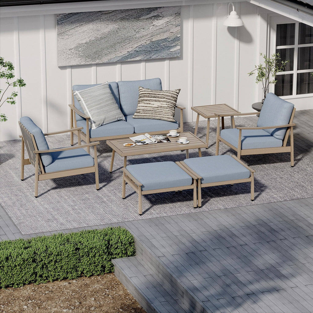 Ensemble de conversation de patio en aluminium 7 pièces, causeuse avec poufs et table basse