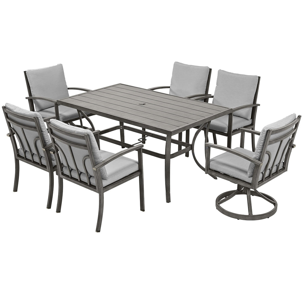 Ensemble de salle à manger de patio en aluminium 7 pièces avec 2 chaises pivotantes et 4 chaises de salle à manger et coussins lavables