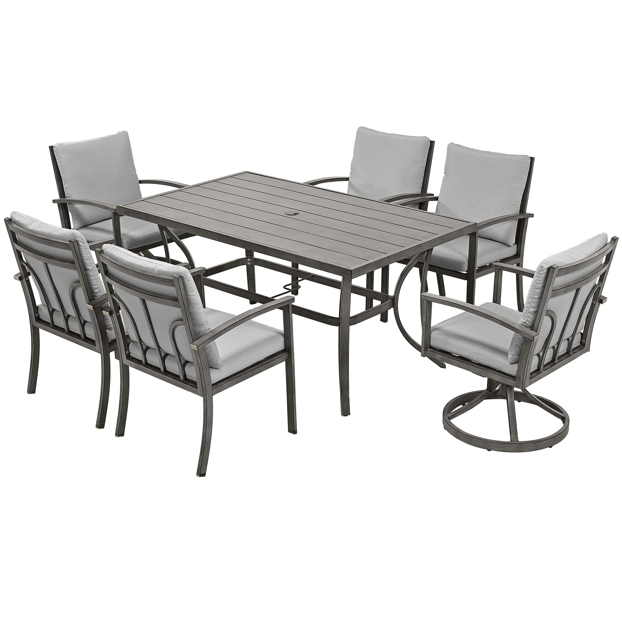 Ensemble de salle à manger de patio en aluminium 7 pièces avec 2 chaises pivotantes et 4 chaises de salle à manger et coussins lavables