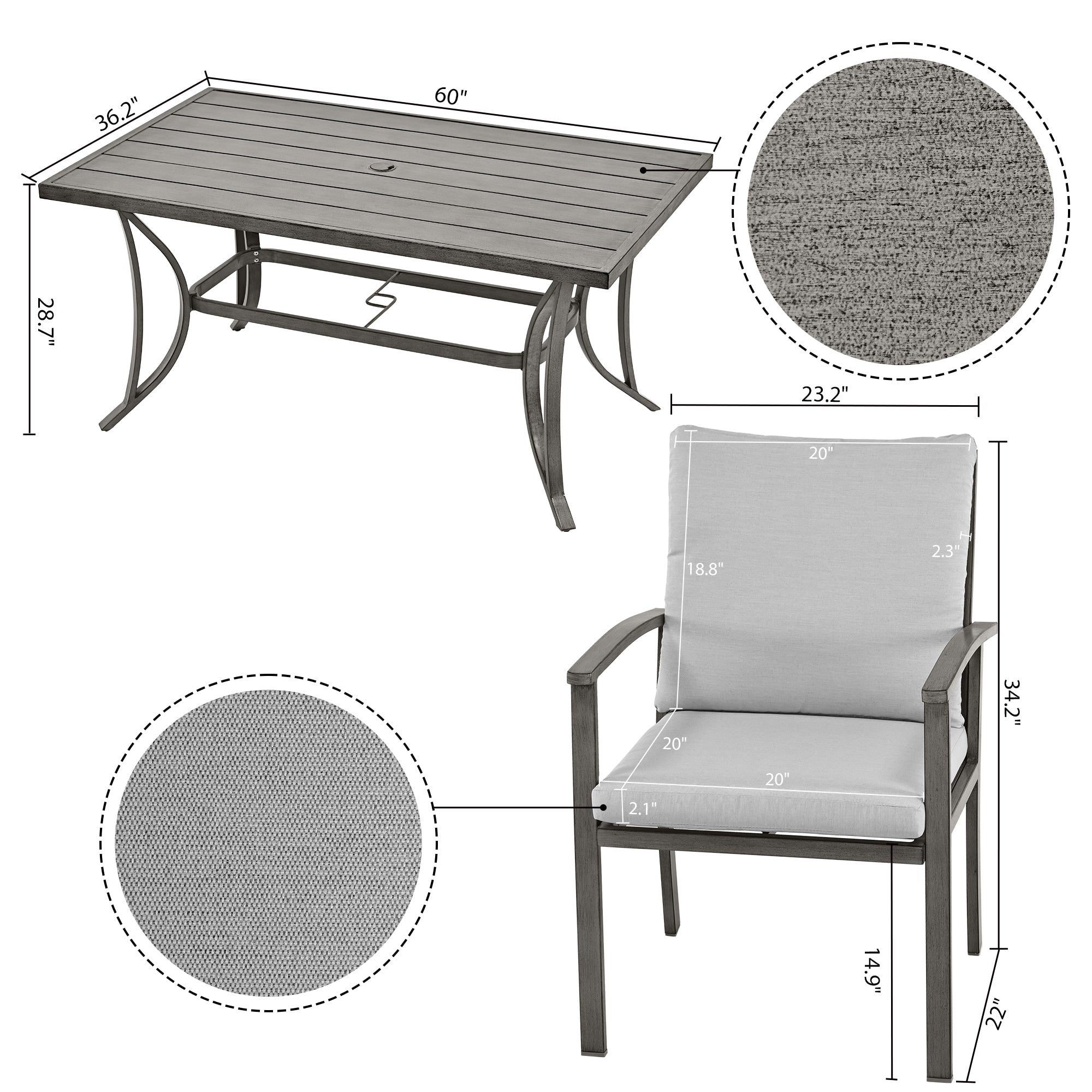 Ensemble de salle à manger de patio en aluminium 7 pièces avec 2 chaises pivotantes et 4 chaises de salle à manger et coussins lavables