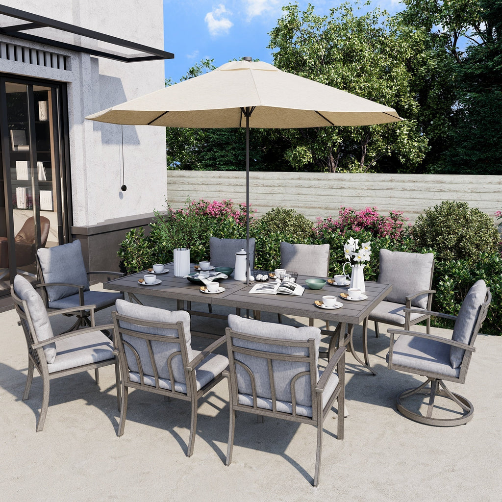 Ensemble de salle à manger de patio en aluminium de 9 pièces avec 2 chaises pivotantes et 6 chaises de salle à manger et coussins lavables