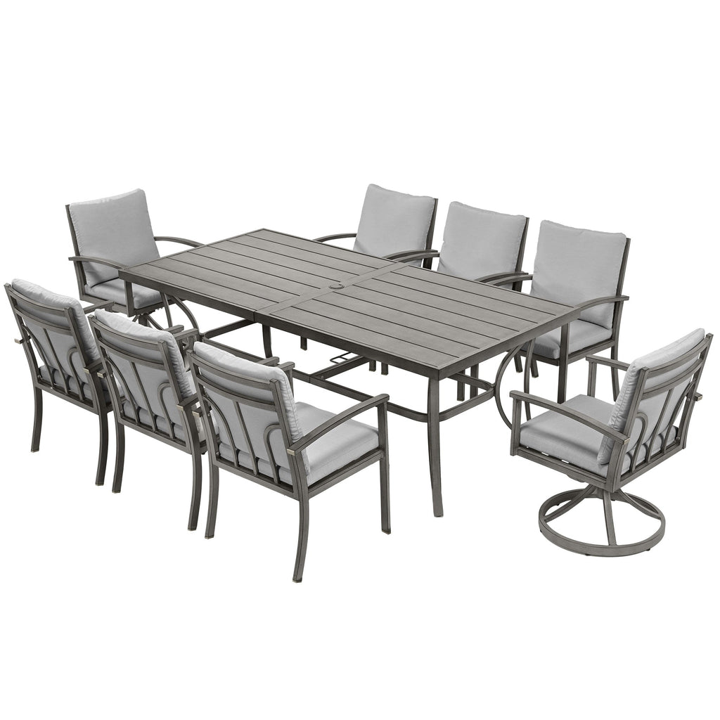 Ensemble de salle à manger de patio en aluminium de 9 pièces avec 2 chaises pivotantes et 6 chaises de salle à manger et coussins lavables