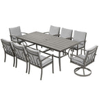 Ensemble de salle à manger de patio en aluminium de 9 pièces avec 2 chaises pivotantes et 6 chaises de salle à manger et coussins lavables