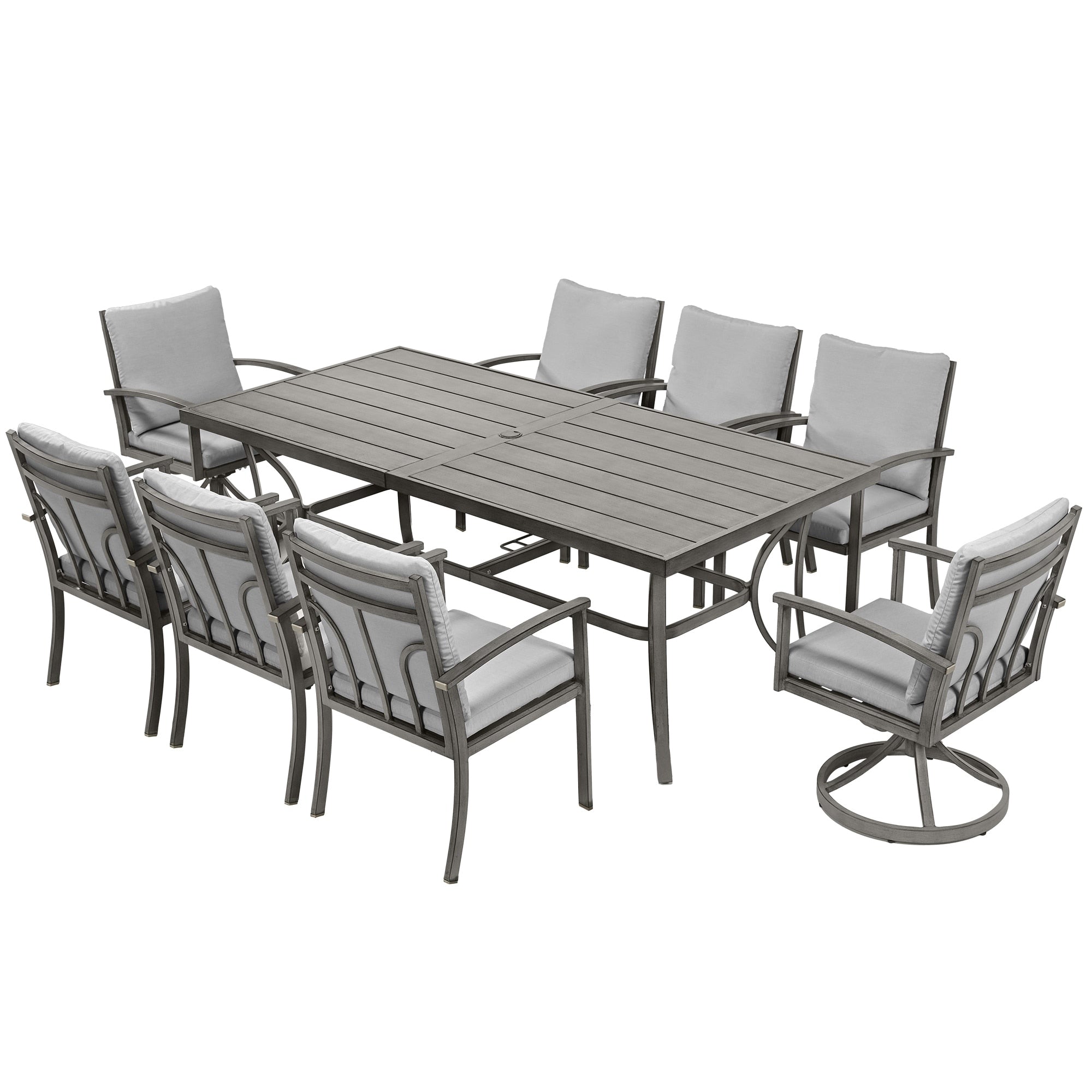 Ensemble de salle à manger de patio en aluminium de 9 pièces avec 2 chaises pivotantes et 6 chaises de salle à manger et coussins lavables