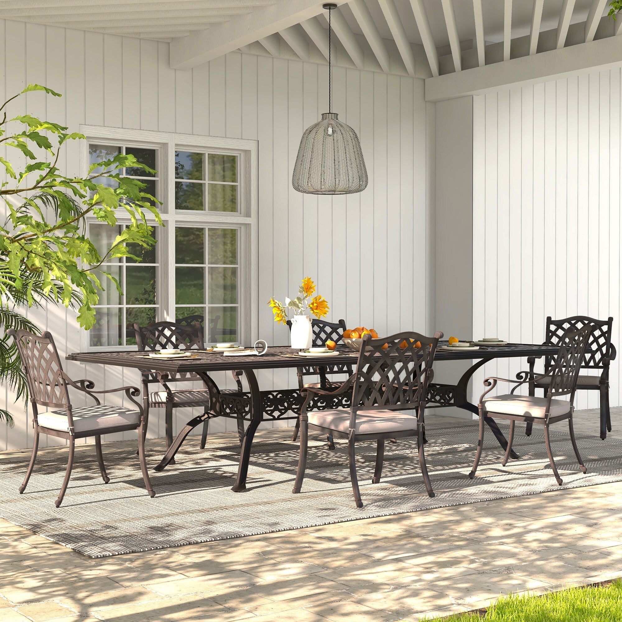 Ensemble de salle à manger d'extérieur en aluminium moulé sous pression, 7 pièces, couleur bronze antique, avec coussins et trou pour parasol