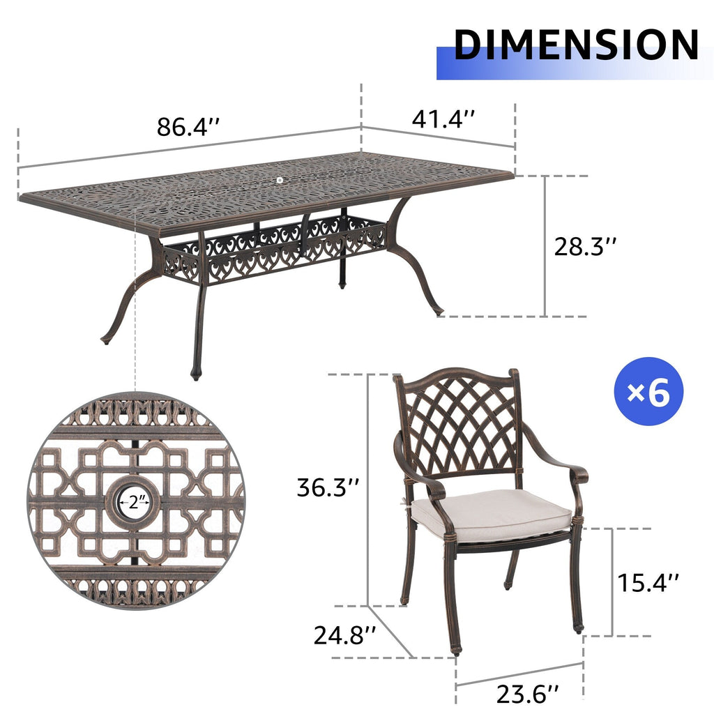 Ensemble de salle à manger d'extérieur en aluminium moulé sous pression, 7 pièces, couleur bronze antique, avec coussins et trou pour parasol