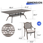 Ensemble de salle à manger d'extérieur en aluminium moulé sous pression, 7 pièces, couleur bronze antique, avec coussins et trou pour parasol