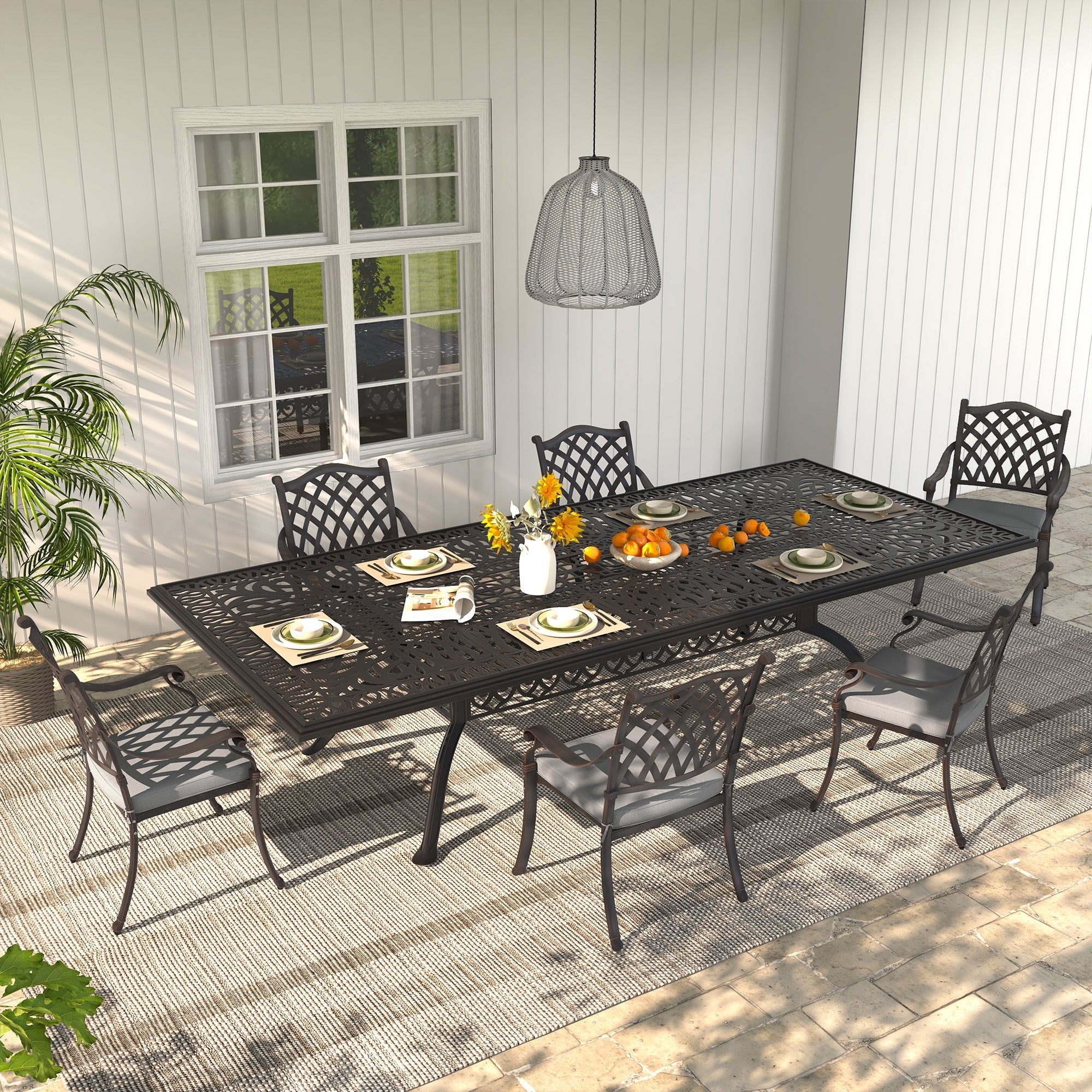 Ensemble de salle à manger d'extérieur en aluminium moulé sous pression, 7 pièces, couleur bronze antique, avec coussins et trou pour parasol