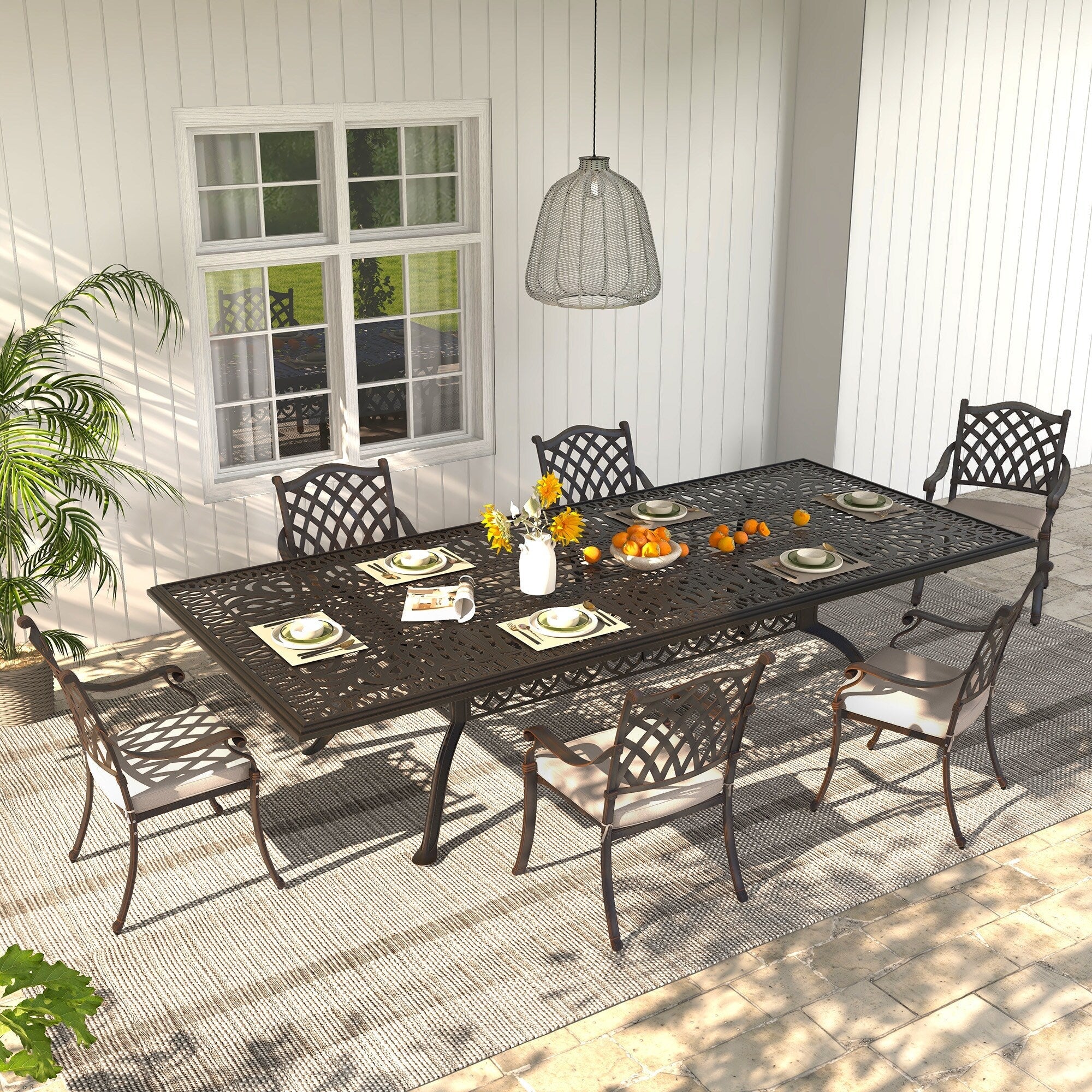 Ensemble de salle à manger d'extérieur en aluminium moulé sous pression, 7 pièces, couleur bronze antique, avec coussins et trou pour parasol