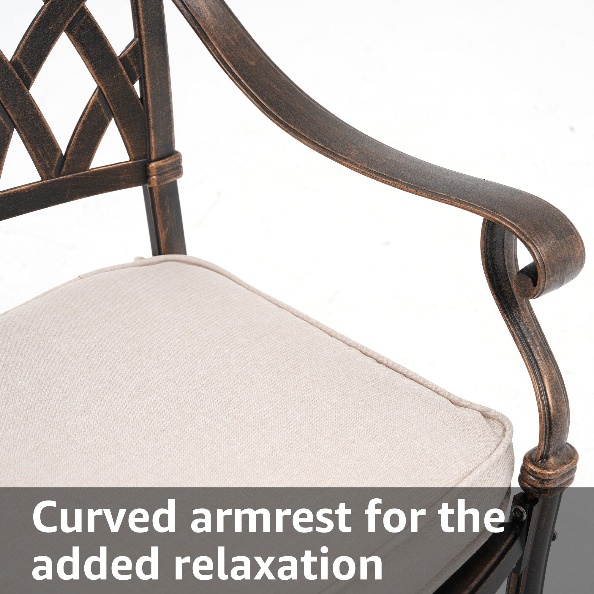 Ensemble de salle à manger d'extérieur en aluminium moulé sous pression, 7 pièces, couleur bronze antique, avec coussins et trou pour parasol