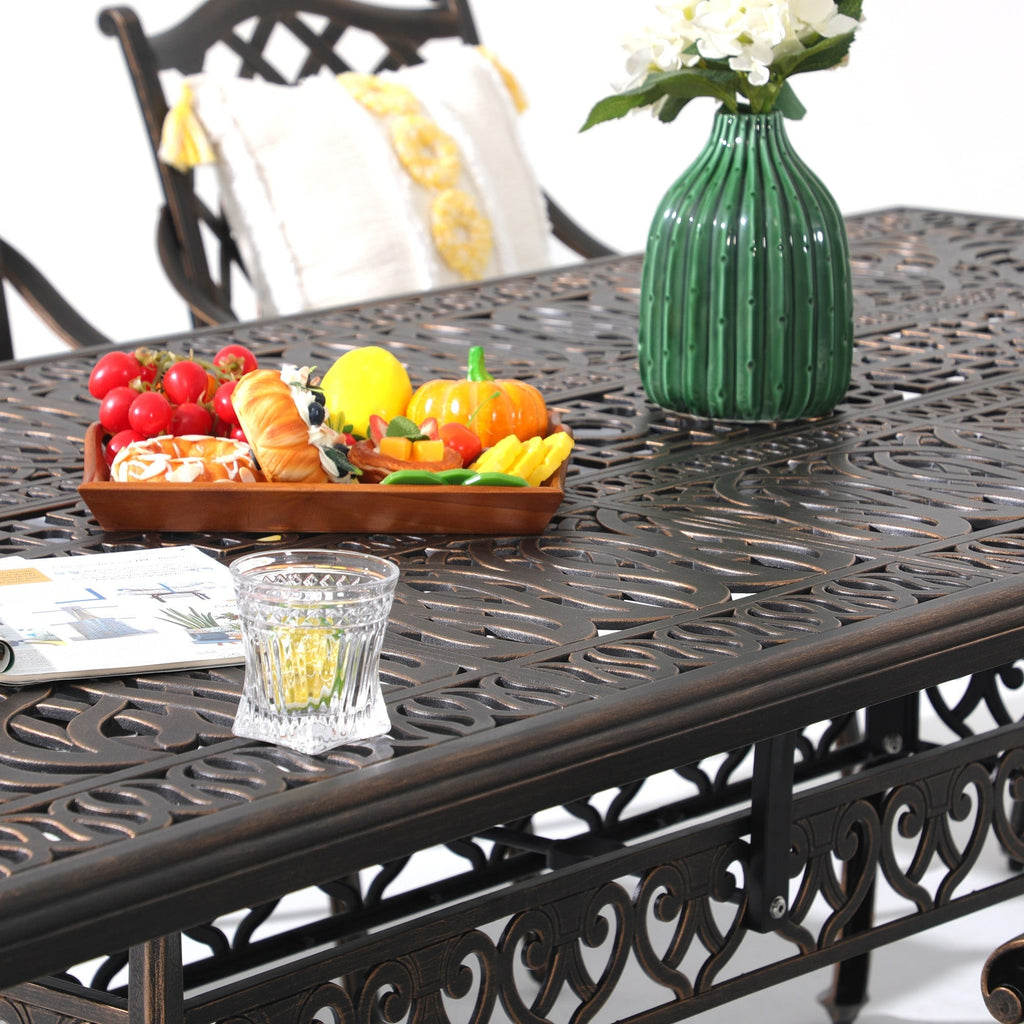 Ensemble de salle à manger d'extérieur en aluminium moulé sous pression, 7 pièces, couleur bronze antique, avec coussins et trou pour parasol