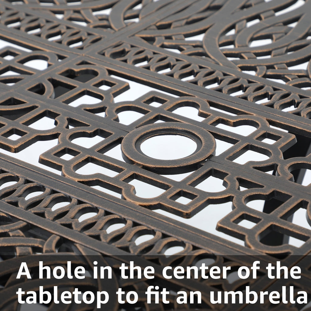 Ensemble de salle à manger d'extérieur en aluminium moulé sous pression, 7 pièces, couleur bronze antique, avec coussins et trou pour parasol