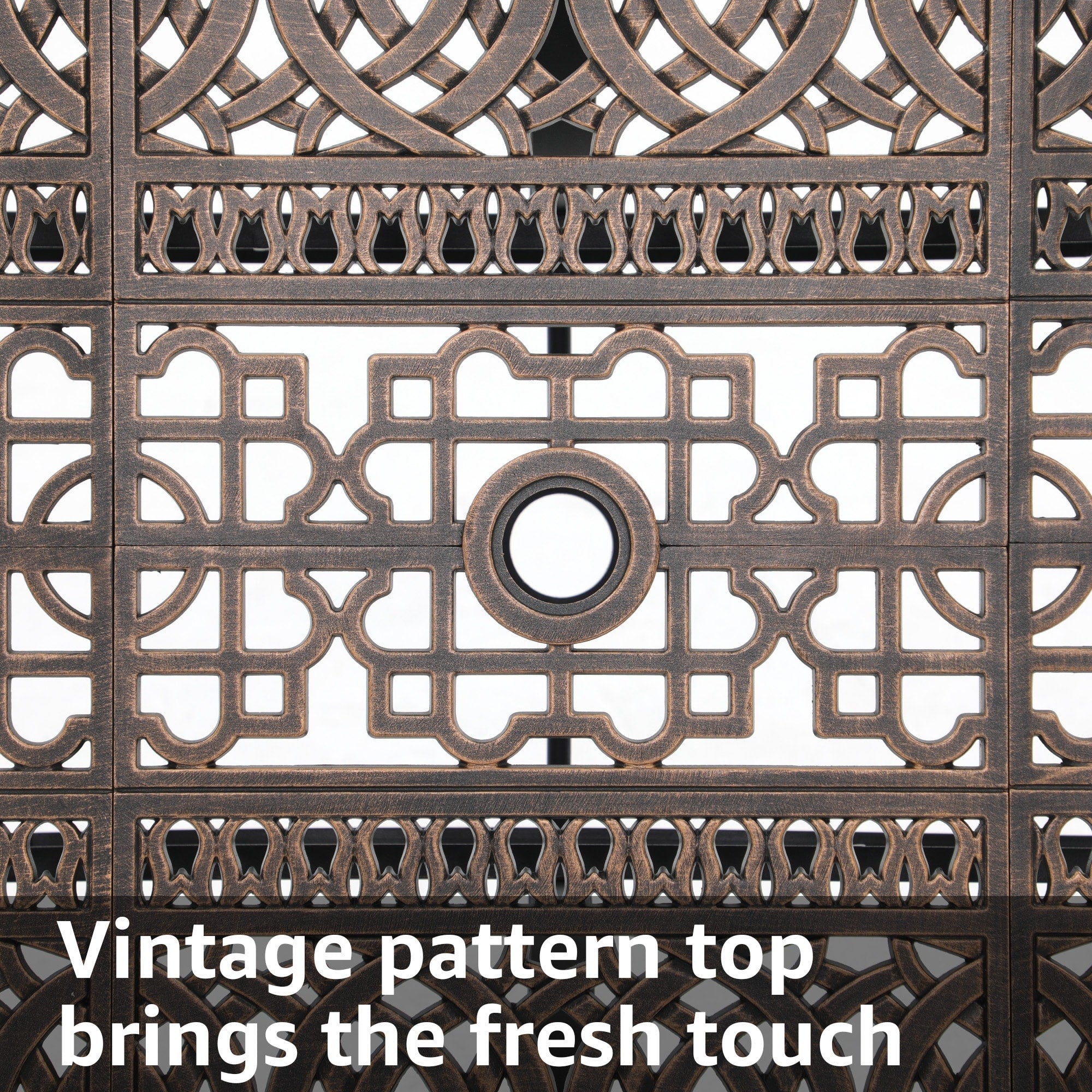 Ensemble de salle à manger d'extérieur en aluminium moulé sous pression, 7 pièces, couleur bronze antique, avec coussins et trou pour parasol